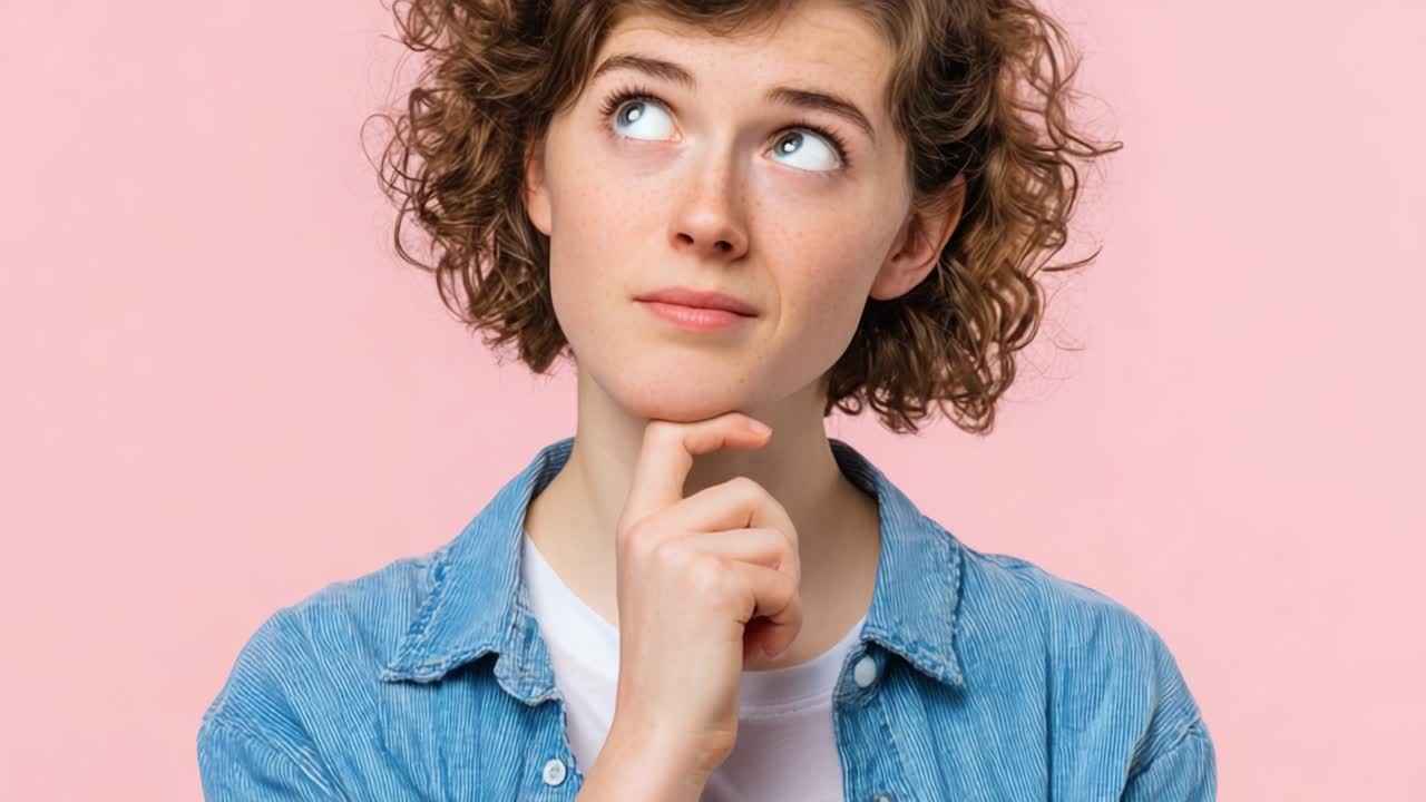 Giovane Donna Pensierosa che Contempla la Sua Prossima Mossa su uno Sfondo Rosa Tenue, Emana Curiosità e Introspezione Mostrando un'Espressione Pensierosa