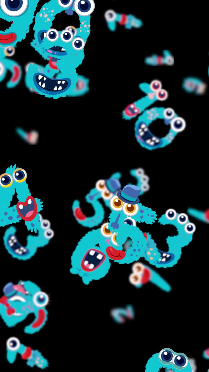 Colorful blue monsters with expressive faces animate dynamically against a dark background, creating a lively and playful atmosphere