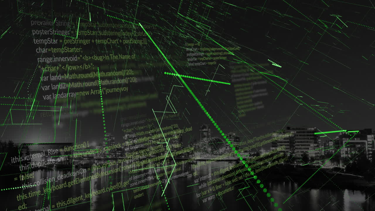 animazione dell'elaborazione dei dati, del paesaggio urbano e delle connessioni