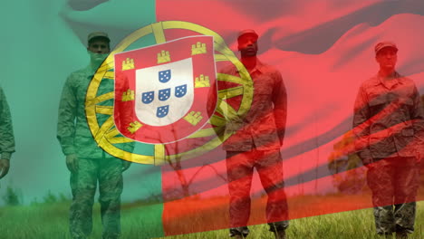 animation of flag of portugal over diverse male soldiers