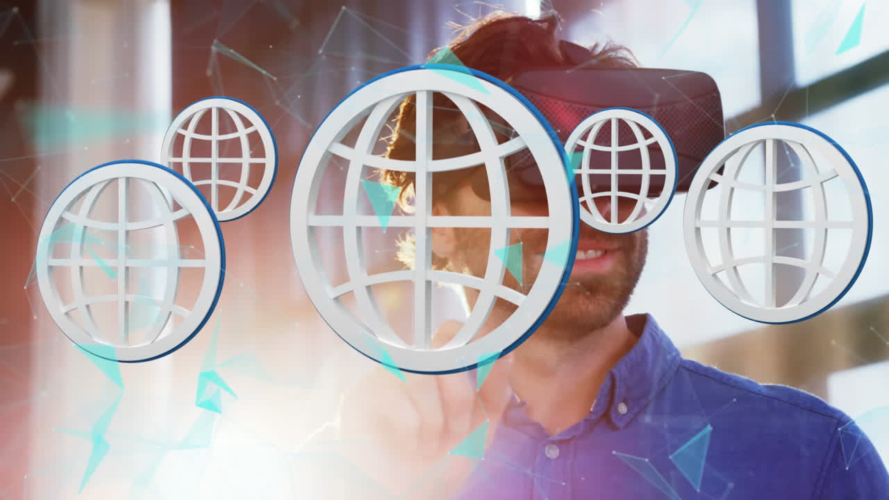 hombre con gafas virtuales y símbolos del globo