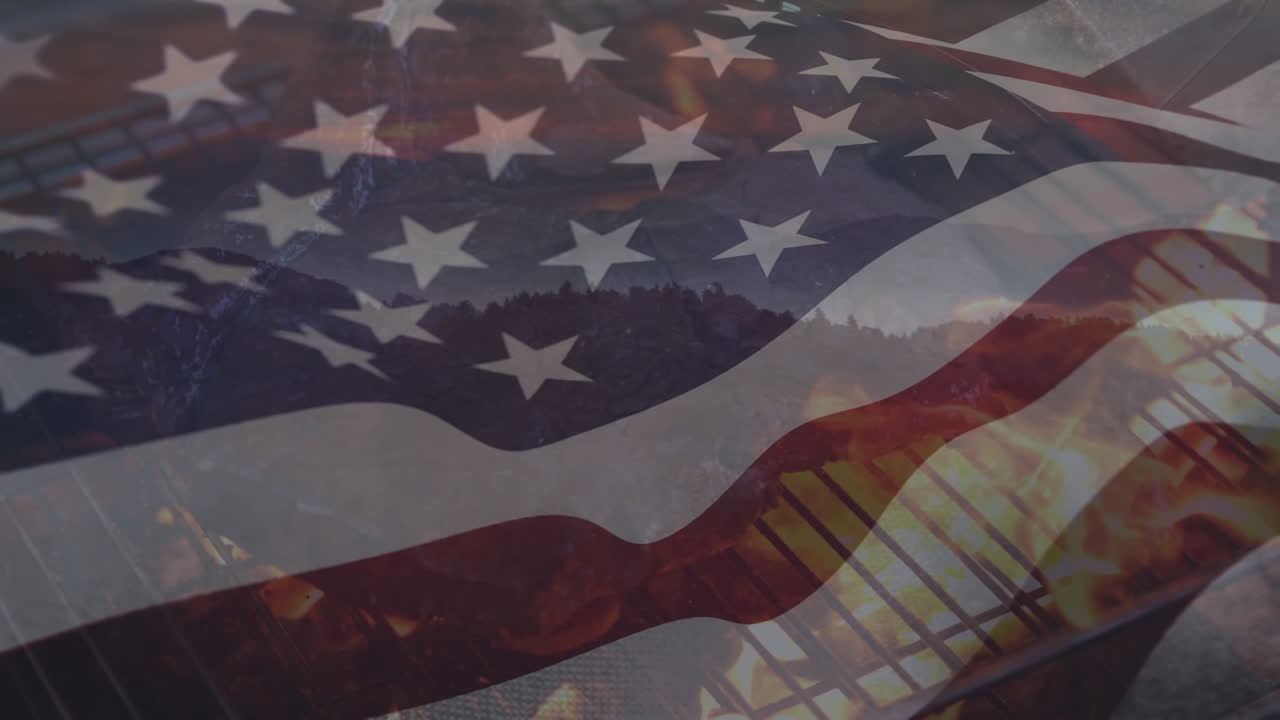 анимация размахивания американским флагом над пейзажем