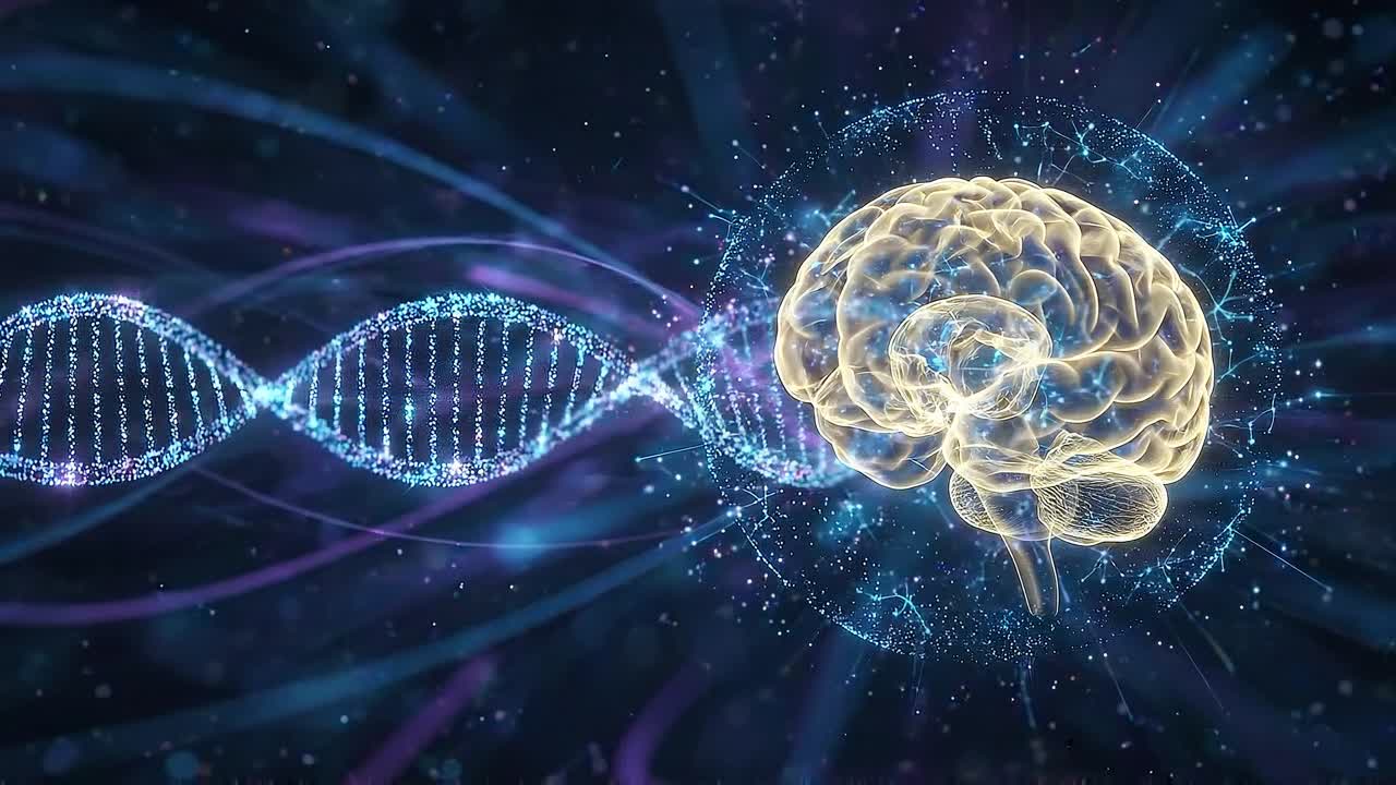 Cervello digitale luminoso ed elica del DNA in uno spazio astratto