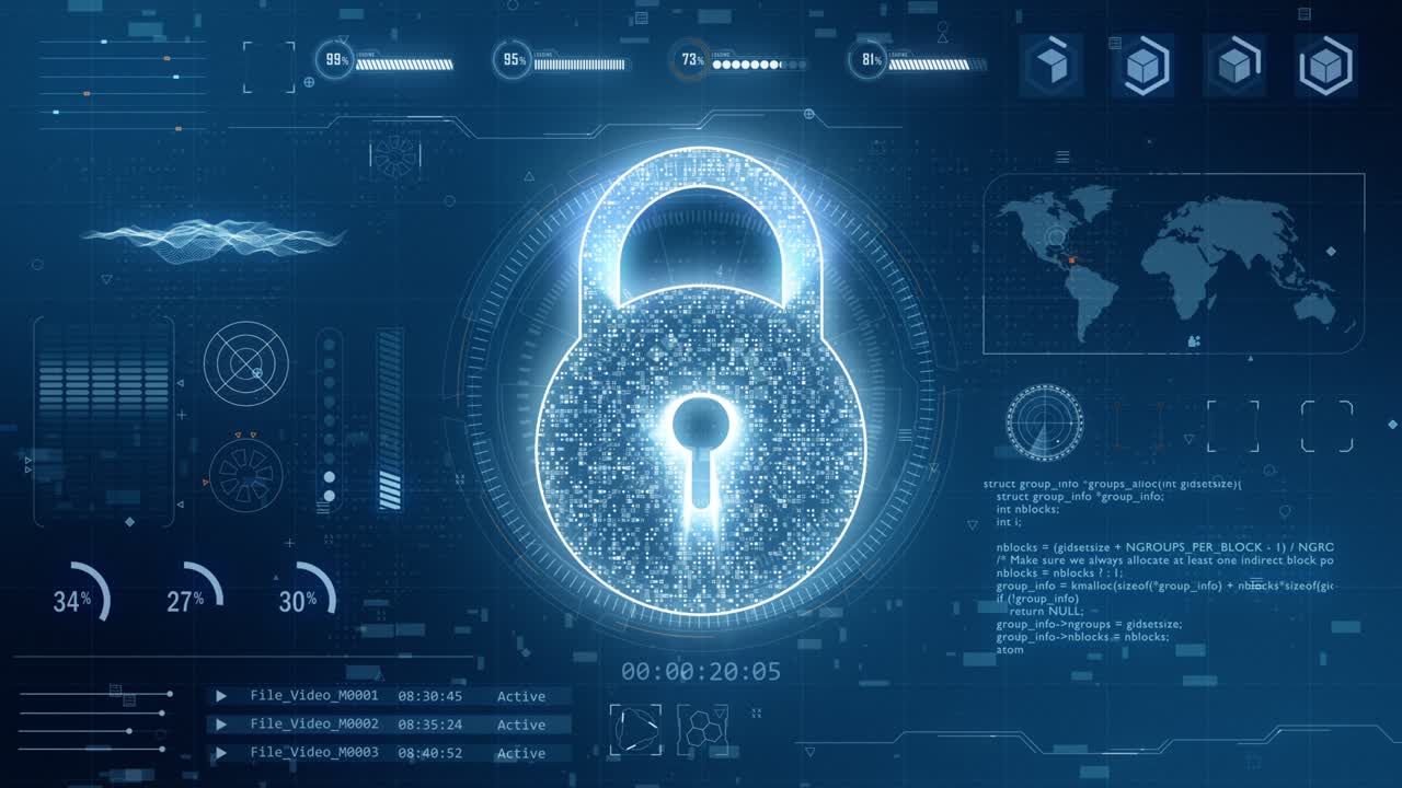 gráfico de movimiento de la llave de seguridad azul con pantalla de cabeza hacia arriba (hud ) fondo y tecnología futurista fondo abstracto concepto de seguridad de red
