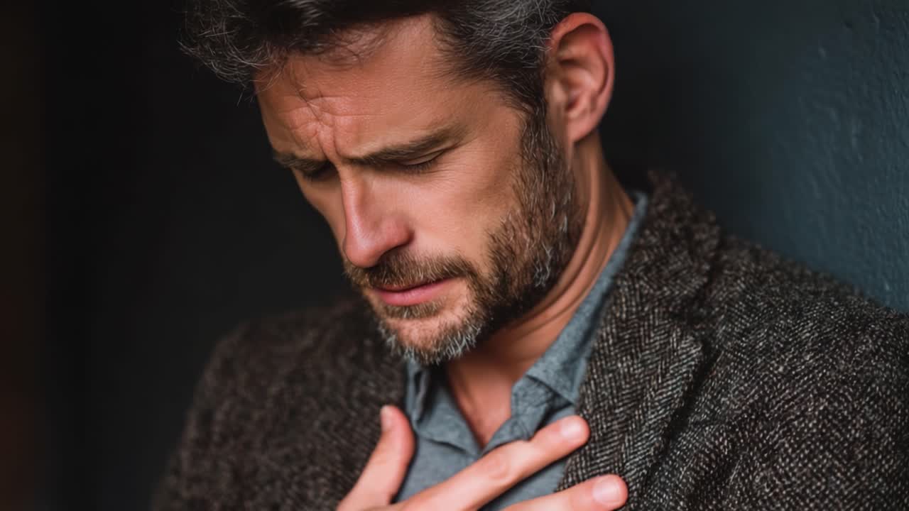 Una figura maschile contemplativa vestita con un blazer testurizzato, che esprime emozioni profonde mentre si stringe il petto in un momento di introspezione su uno sfondo tenue