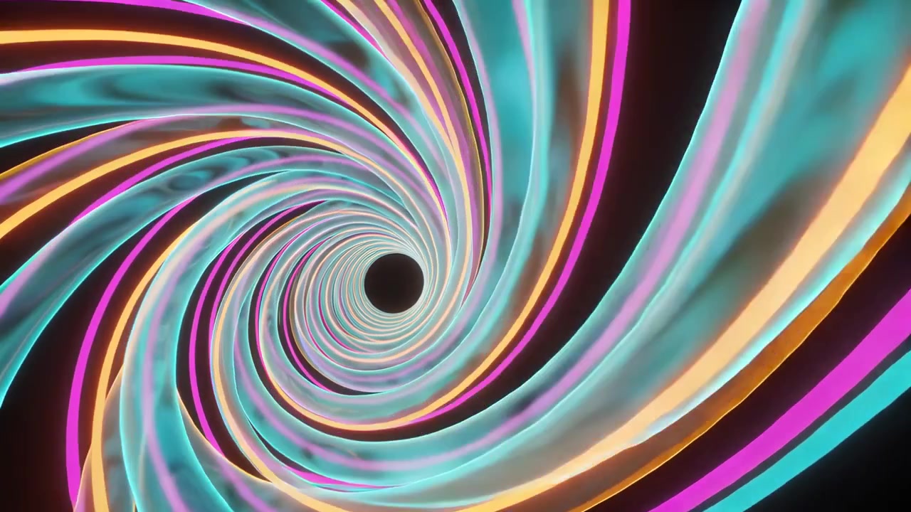 Advancing camera moving through spiral tunnel glowing ribbons drawing viewer inward into black void