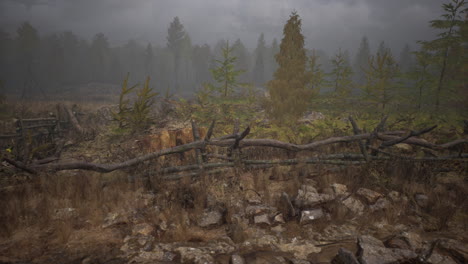 an old wood fence with a country field behind it