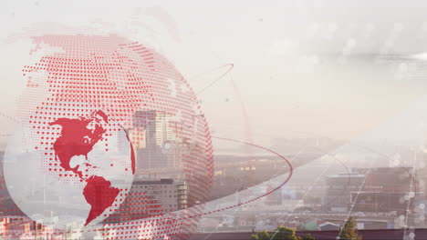 Red dotted globe rotating over hazy cityscape, displaying curved orbit lines with hexagonal bokeh