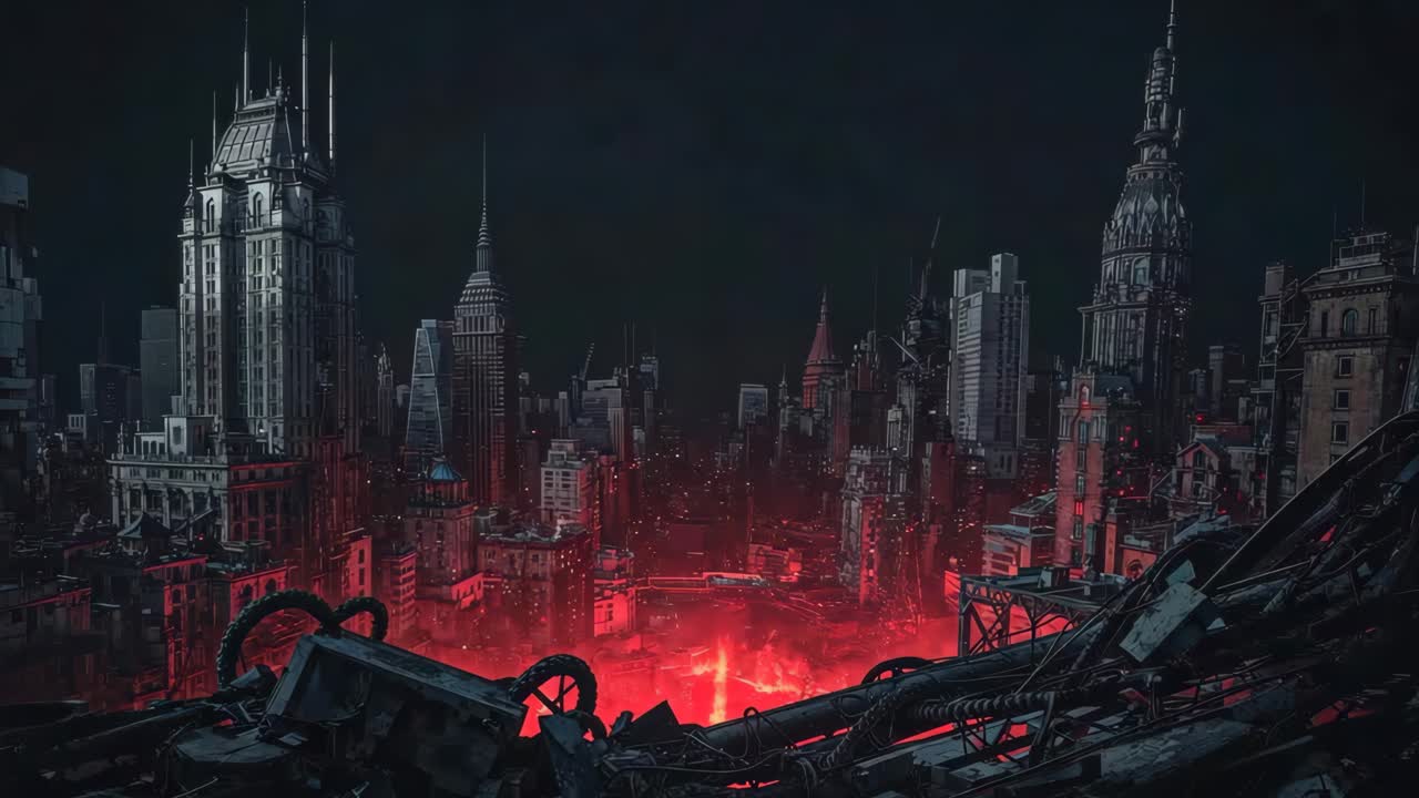 Post-Apocalyptic Cityscape with Red Glow
