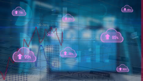 animación de múltiples iconos de nube con un porcentaje creciente contra el procesamiento de datos estadísticos.