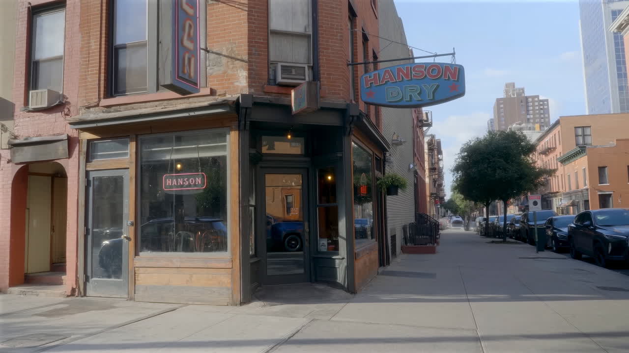 Hanson Dry Bar su un tranquillo angolo di strada urbano a New York