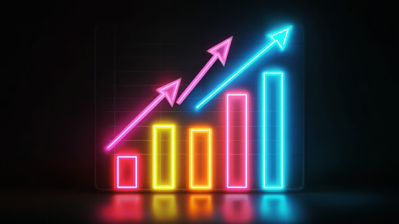 A Vibrant Representation of Growth: Neon Graph Depicting Progression with Rising Arrows Illustrating Trends in Data Analysis and Financial Forecasting in a Dark Environment