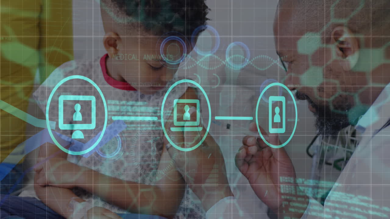 animación de iconos y datos sobre médico afroamericano con paciente niño.