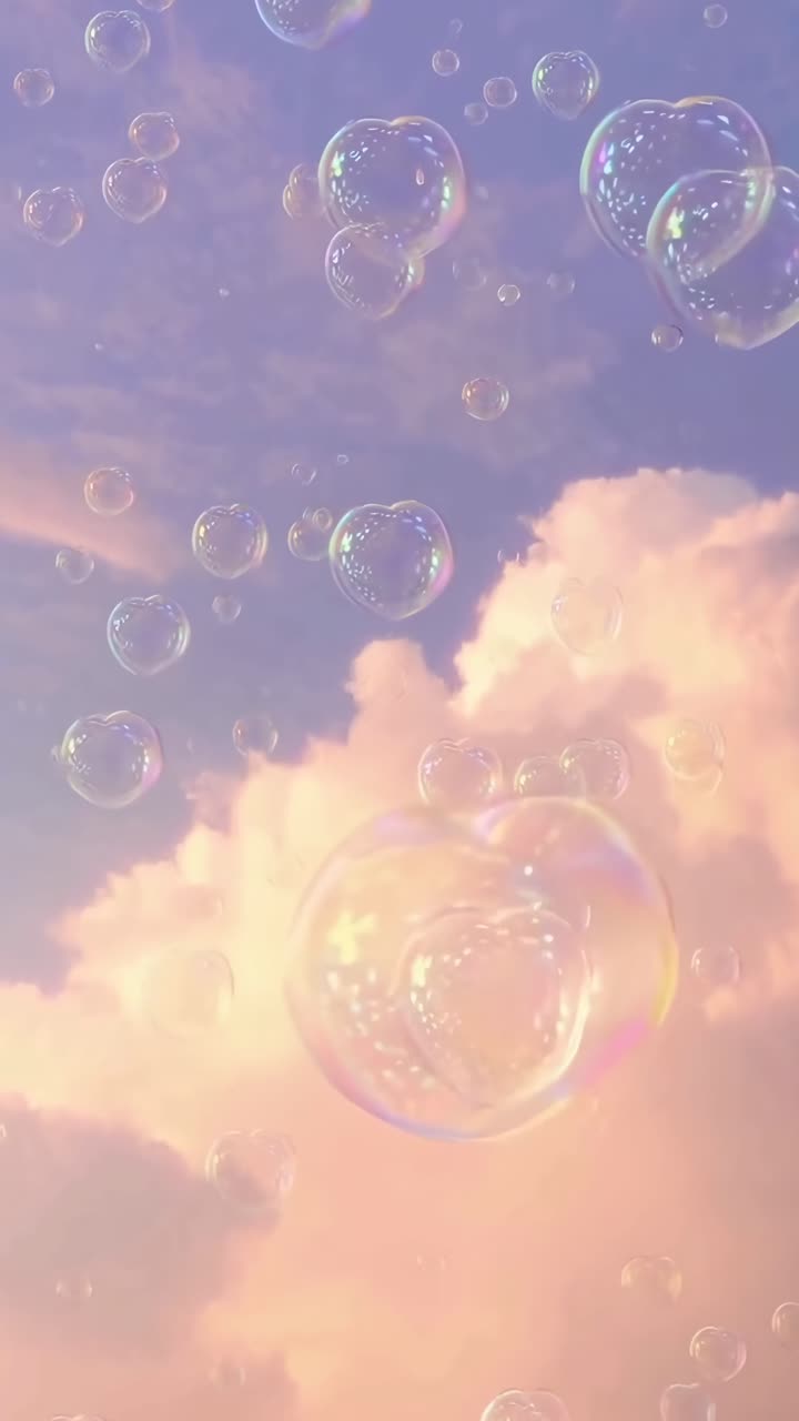 Dreamy upward angle of bubbles floating against a pastel sky, perfect for a serene video