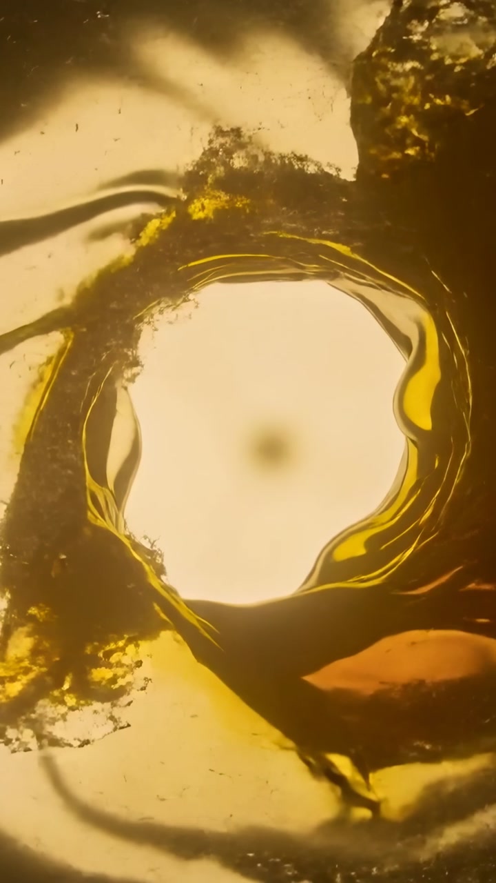 Amber viscous ring forming vortex as thick clump enters from top-right, lab showing bright aperture