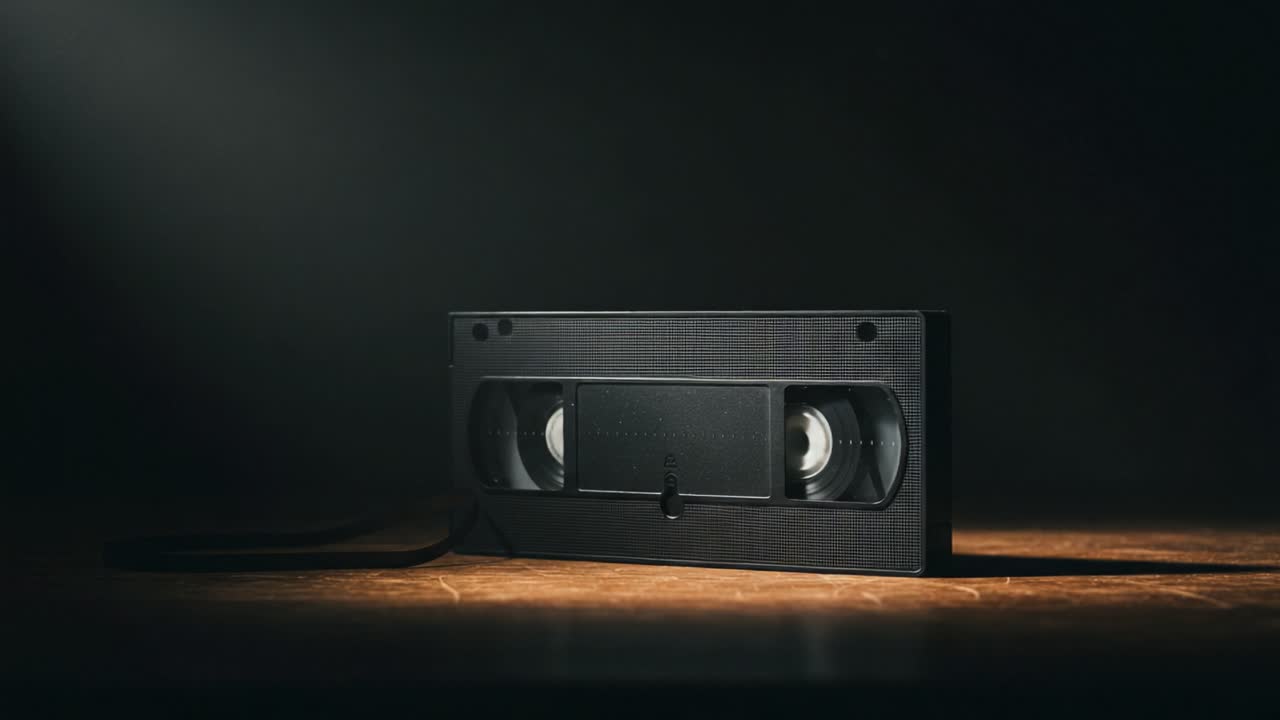 Un'esposizione artistica di una videocassetta VHS vintage illuminata in un ambiente buio, che evoca nostalgia e ricordi di vecchi formati multimediali