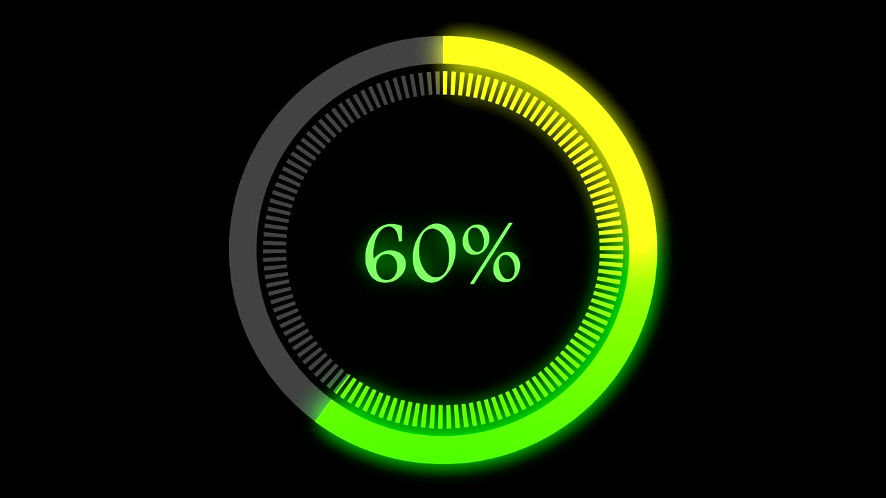 4k 녹색 및 노란색 인포그래픽은 0에서 100% 증가하는 원형 그래프로 움직임 그래픽 및 애니메이션 배경입니다.