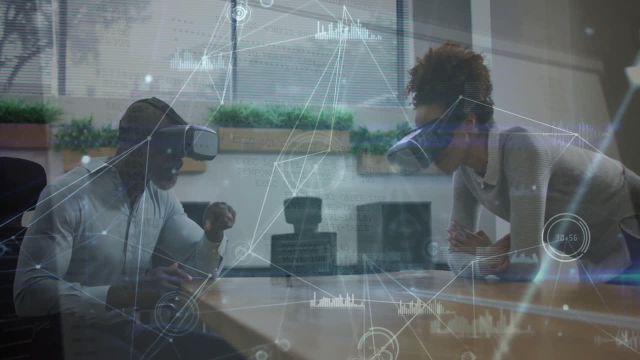People using VR headsets in office with digital network overlay animation