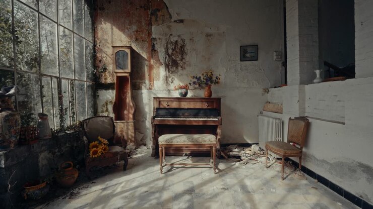 Abandoned Room with Old Piano and Sunlight Streaming Through Window