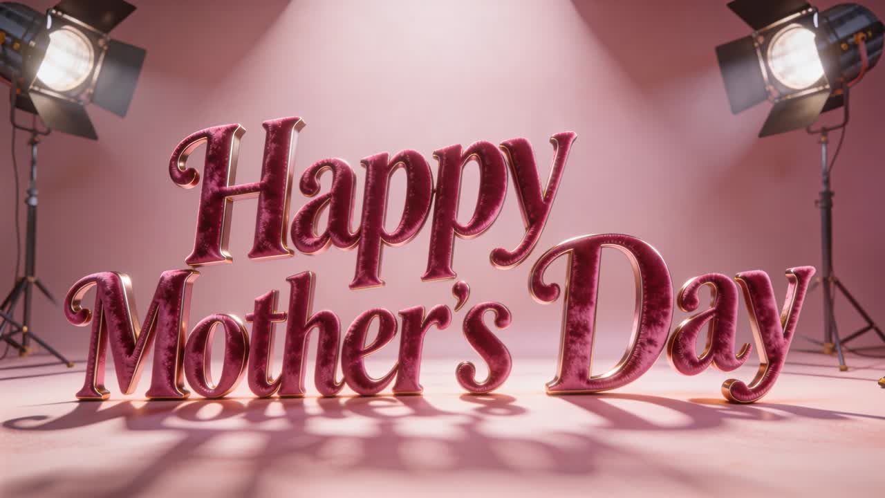 Pulling back camera revealing 3D Happy Mother's Day greeting on pink floor, two spotlights rising