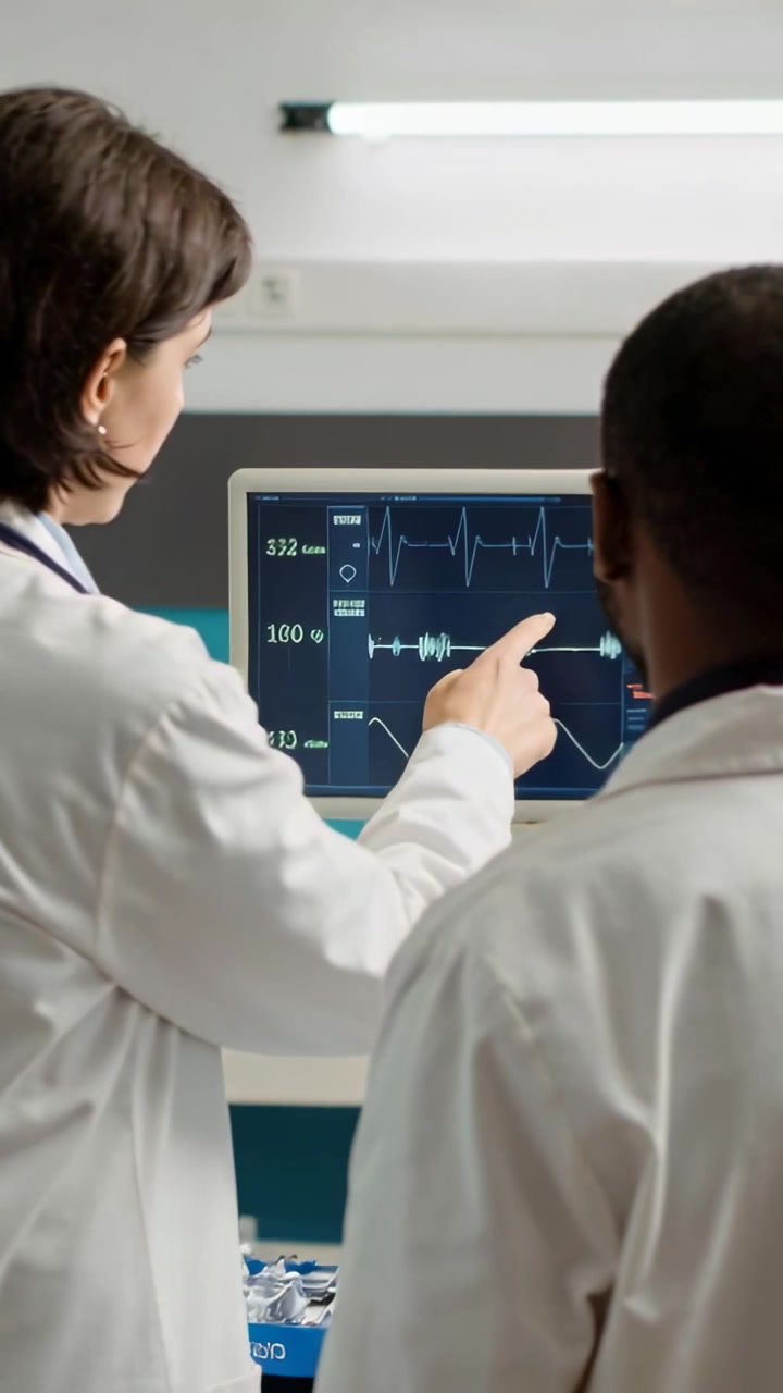 Video verticale: Visualizzazione di un'onda ECG, medico in camice che indica mentre un collega osserva il monitor in reparto.