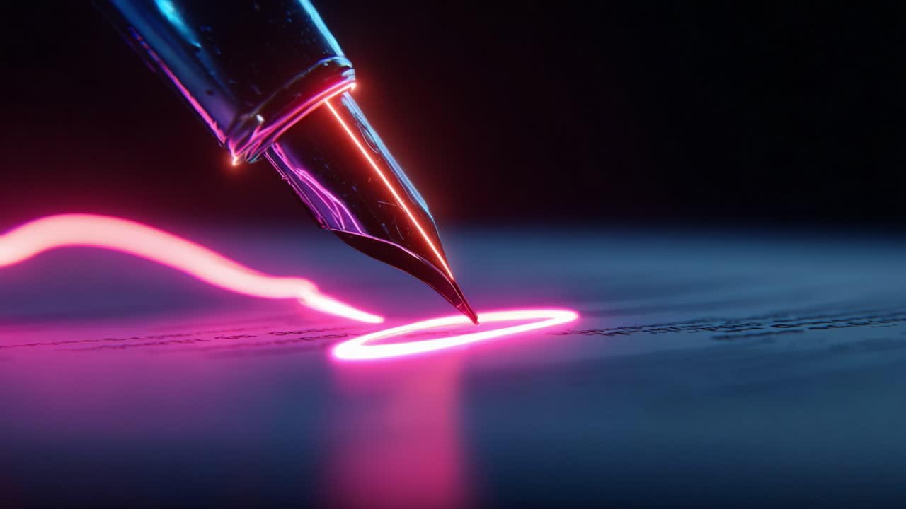 Close up of a fountain pen nib creating a signature with vibrant, glowing pink neon light on a document, symbolizing a futuristic or significant digital agreement in a dark, moody setting