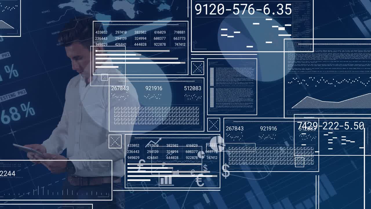 animación del procesamiento de datos financieros sobre un empresario caucásico que usa una tableta