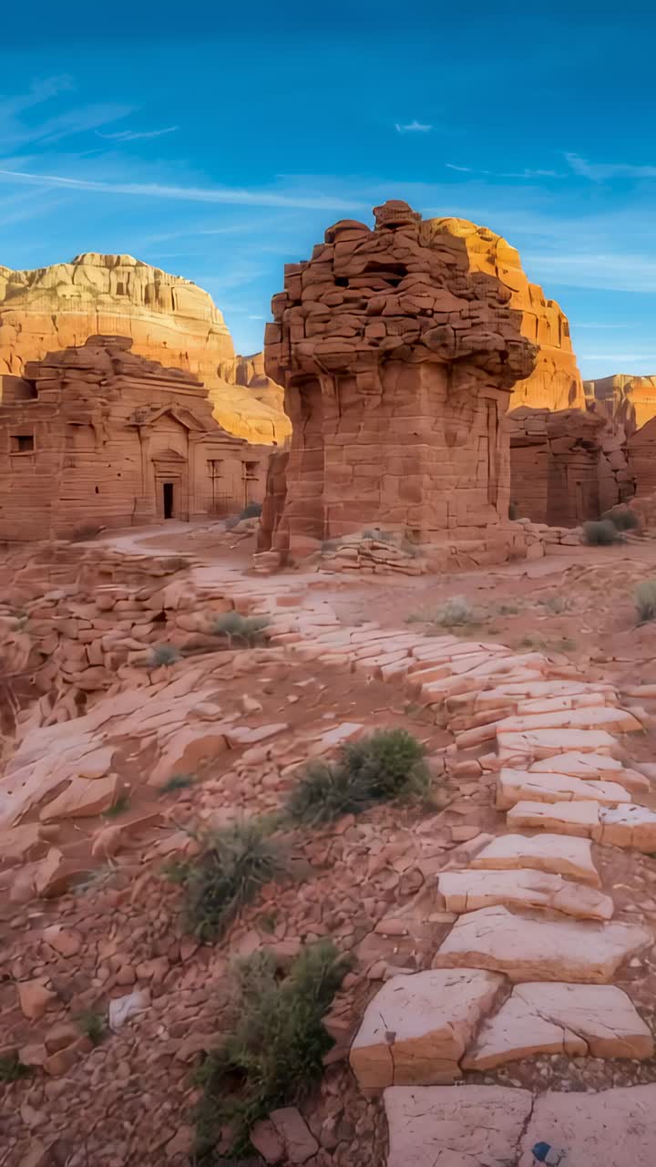 Vertical video: Moving camera pushing along stone path, showing mushroom pillar and doorway to view