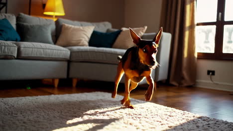 happy dog playing in a living room