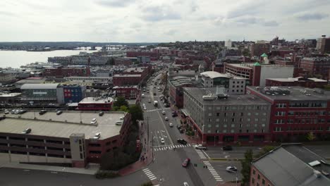 portland maine, downtown and waterfront city skyline drone shot