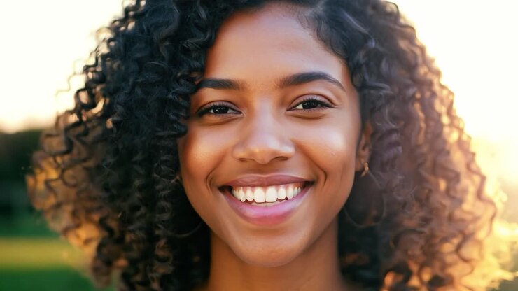 Retrato em close-up de uma mulher negra sorridente com cabelo cacheado