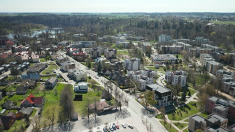 aerial: buildings in birstonas town on sunny spring day