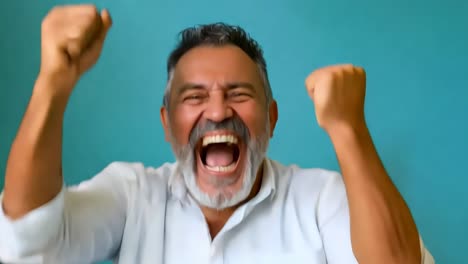 a man with a white beard and a white shirt is raising his fists in the air