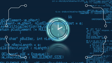 Animation-Einer-Uhr,-Die-Sich-über-Die-Datenverarbeitung-Auf-Blauem-Hintergrund-Bewegt