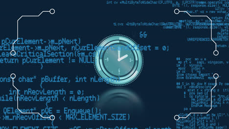animation of clock moving over data processing on blue background