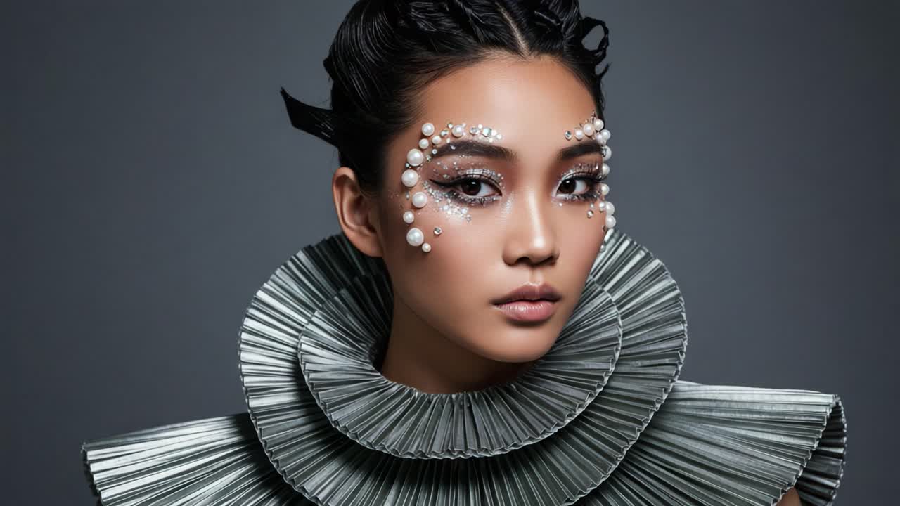 A Stunning Portrait of Contemporary Fashion: A Model Showcasing Innovative Makeup Techniques with Pearls and Unique Textures Against a Dark Background