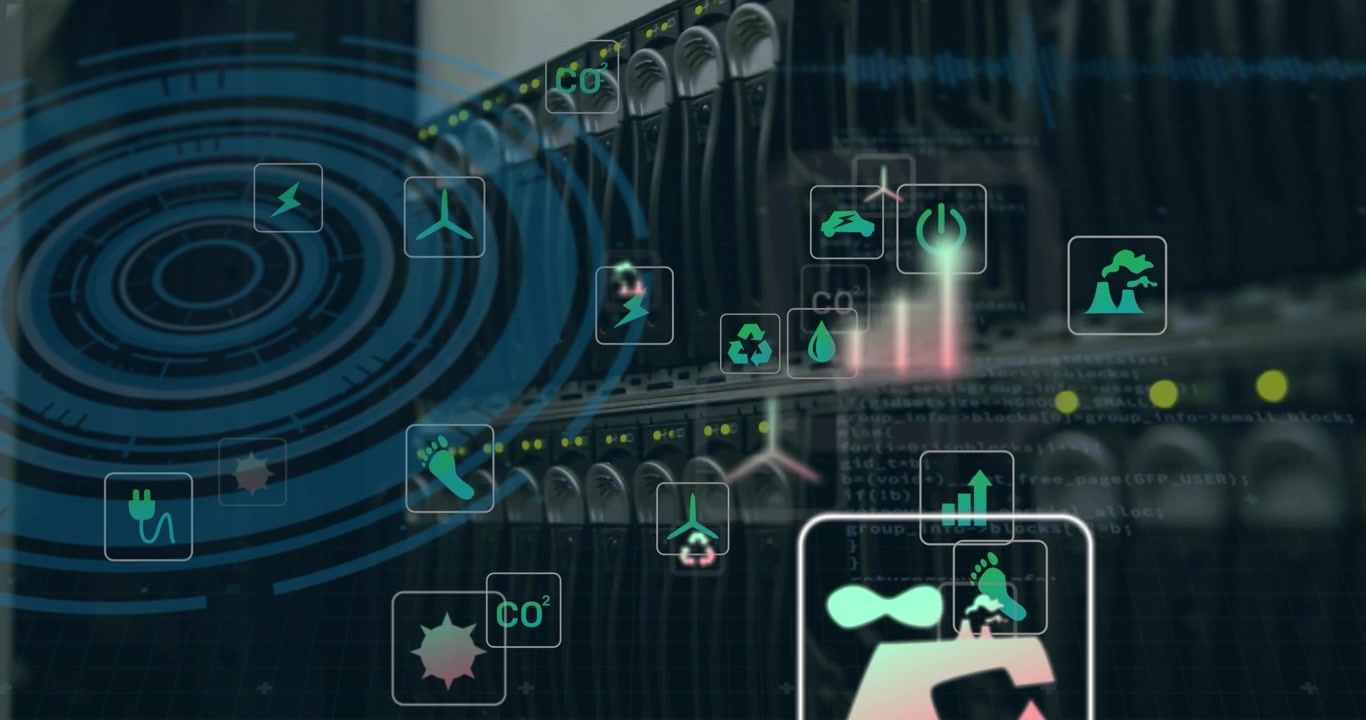 Animation of data processing and ecology icons over server room