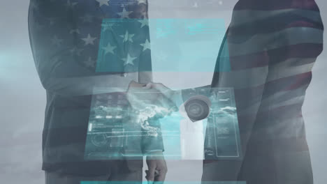 animación de pantallas digitales y bandera estadounidense sobre hombres de negocios caucásicos estrechando la mano