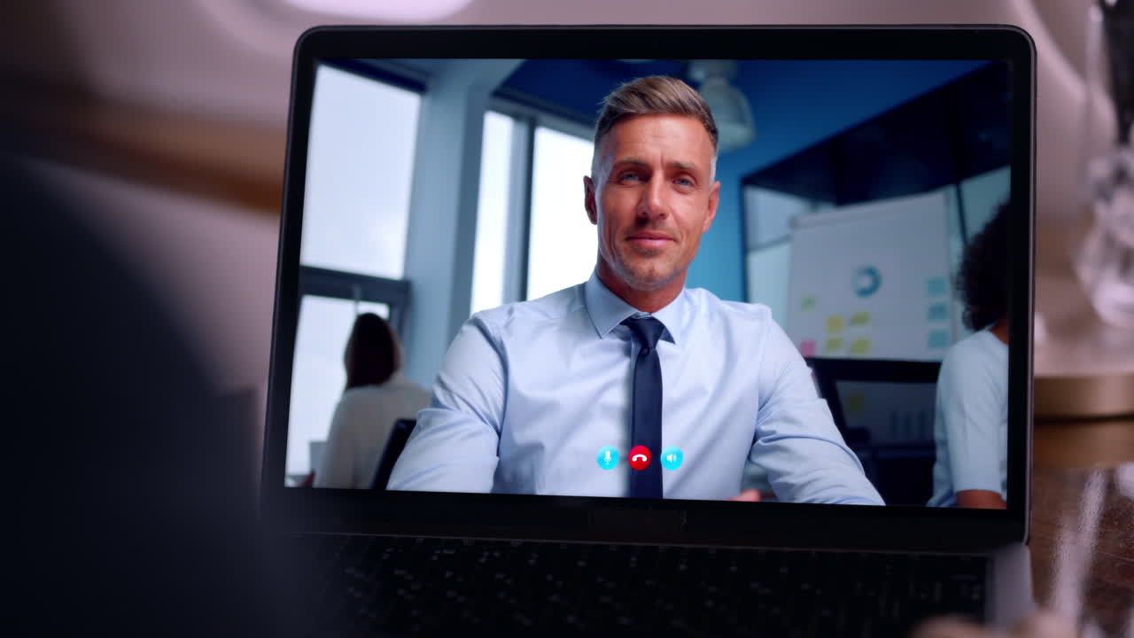 Boss speaking online interview using laptop video call close up. Ceo talking