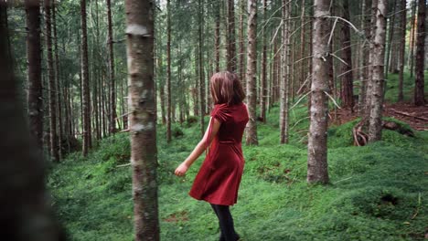 truck shot of a girl with short hair in a red dress walking through a dense spruce forest, looking curiously around herself