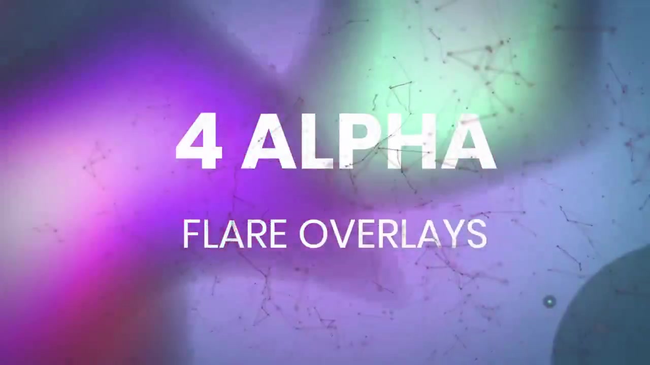 Animation af tekst med 4 alfa-flare-overlejringer, forbundne prikker danner geometriske former, abstrakt mønster.