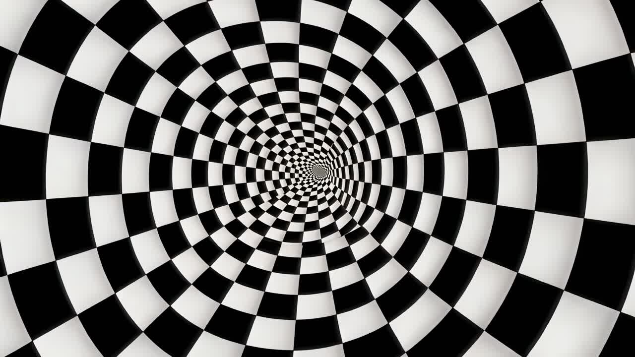 A hypnotic, black-and-white checkered tunnel spirals inward, creating a dizzying effect