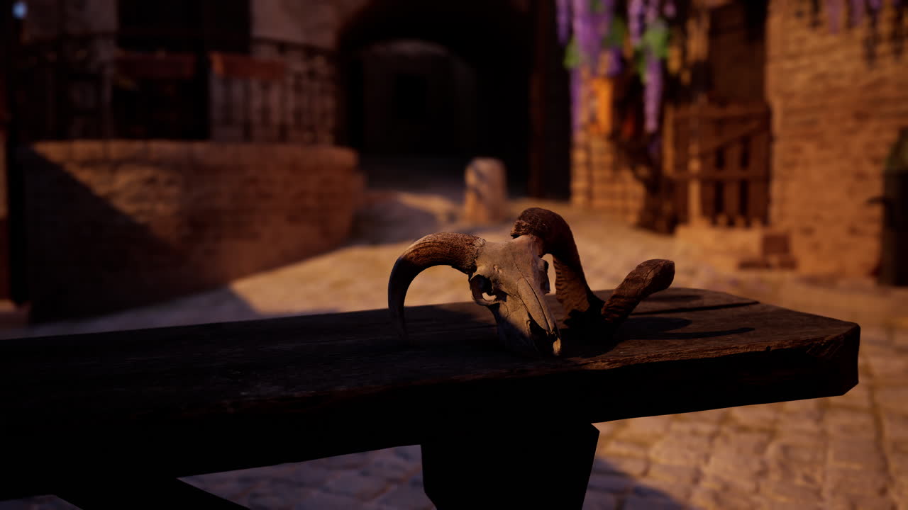 중세 도시 의 벤치 에 있는 양의 두개골