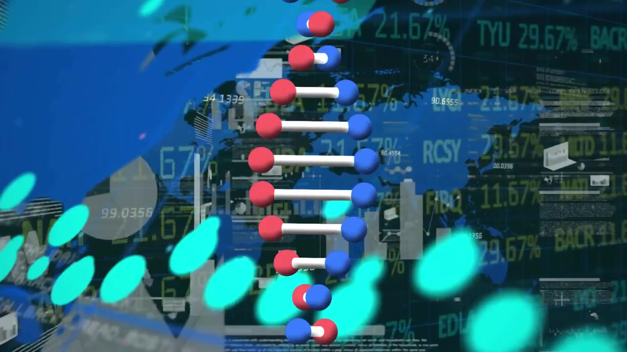 Animation af DNA, finansielle grafer og data over en digital skærm