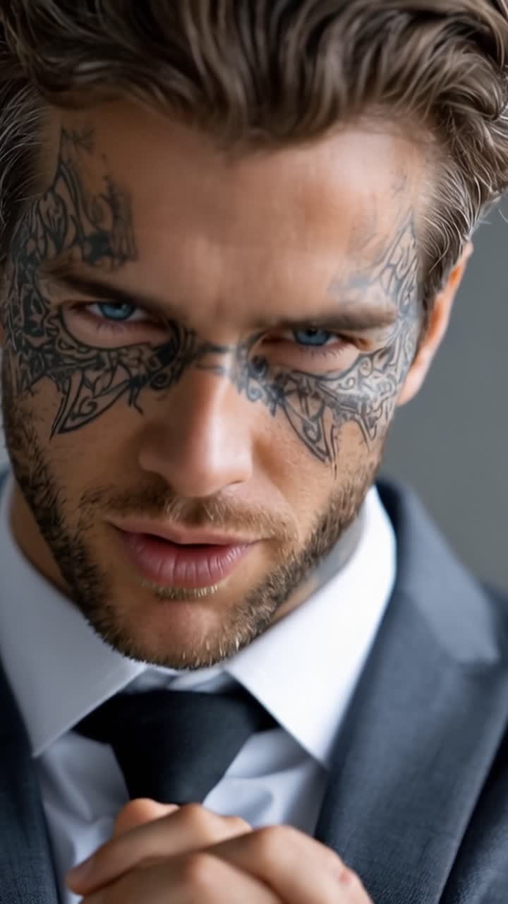Uomo tatuato in abito si aggiusta la cravatta. Lo sguardo intenso incontra direttamente la fotocamera. Motivi di inchiostro scuro coprono il suo viso e la barba. Professionale ma grintoso, emana mistero e sicurezza.
