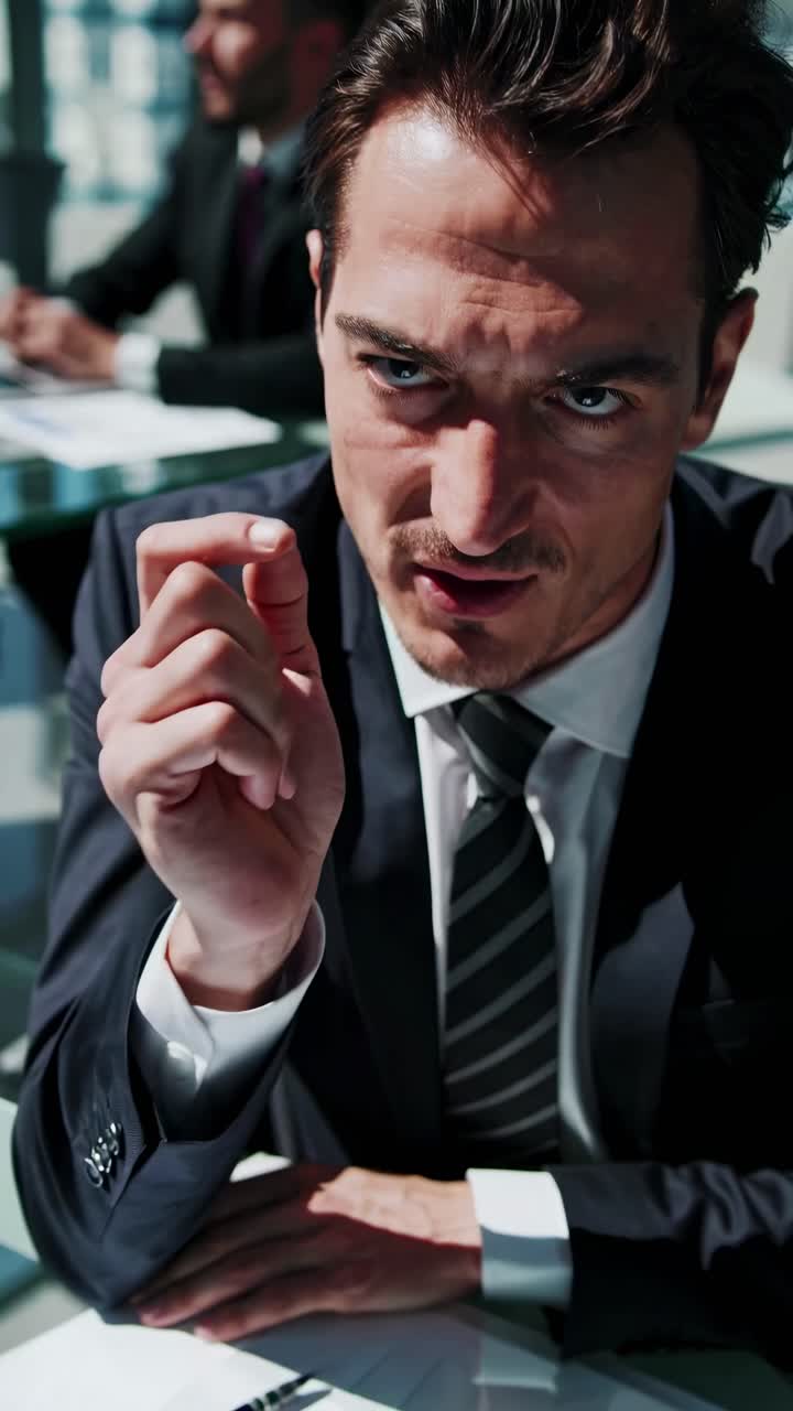 Close-up, high-angle shot of a businessman whispering in an office setting, capturing a candid