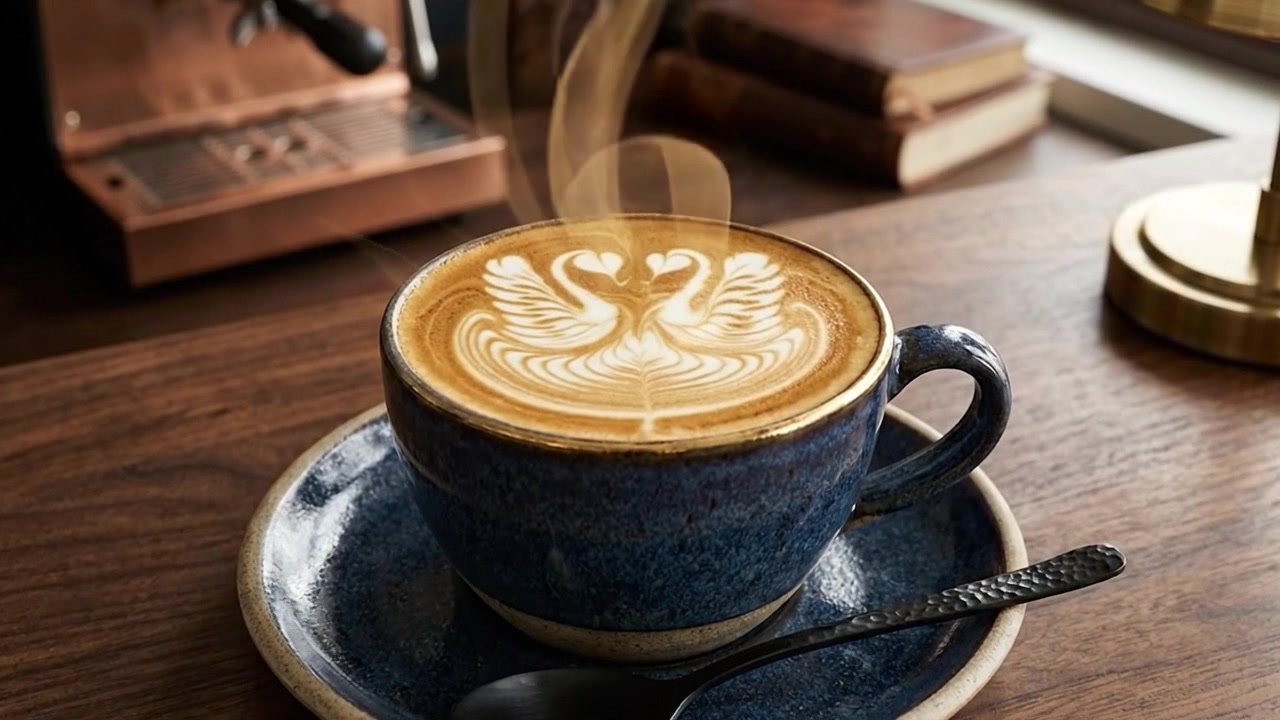 Tazza di caffè fumante con latte art a cigno su tavolo di legno.