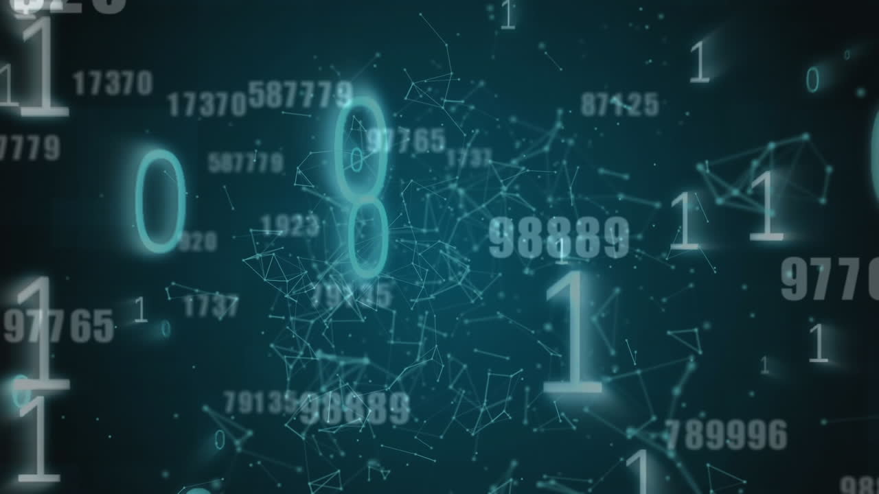 파란색 배경의 연결 네트워크에 대해 변경되는 여러 번의 숫자