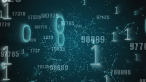 Multiple numbers changing against network of connections on blue background