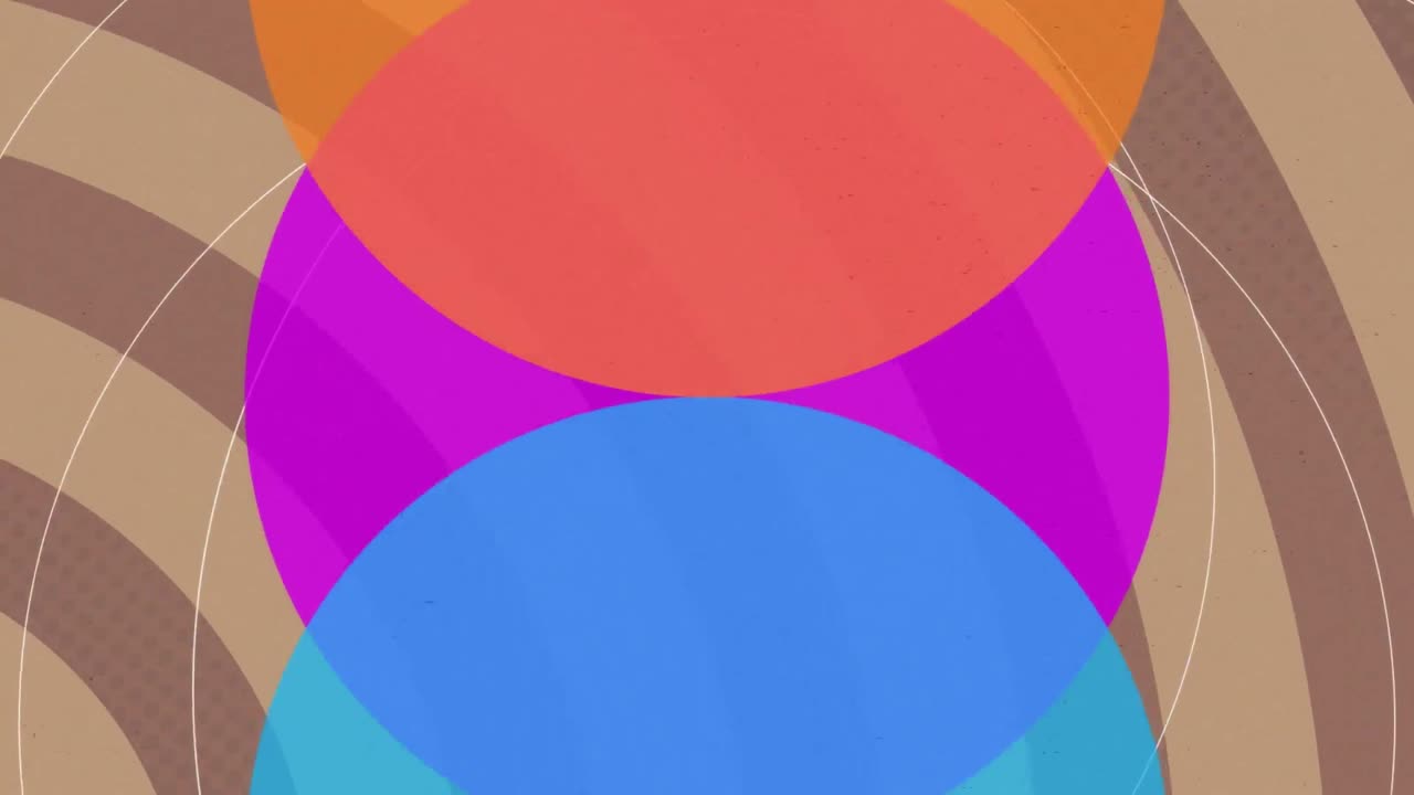 animación de círculos multicolores sobre un patrón circular contra un fondo abstracto.
